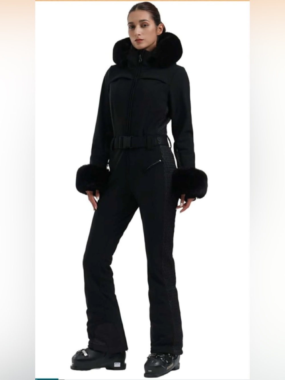 Black Women's Faux Fur-Trim Slim fit SIZE S Ski Jumpsuit with Belted Waist NWOT
